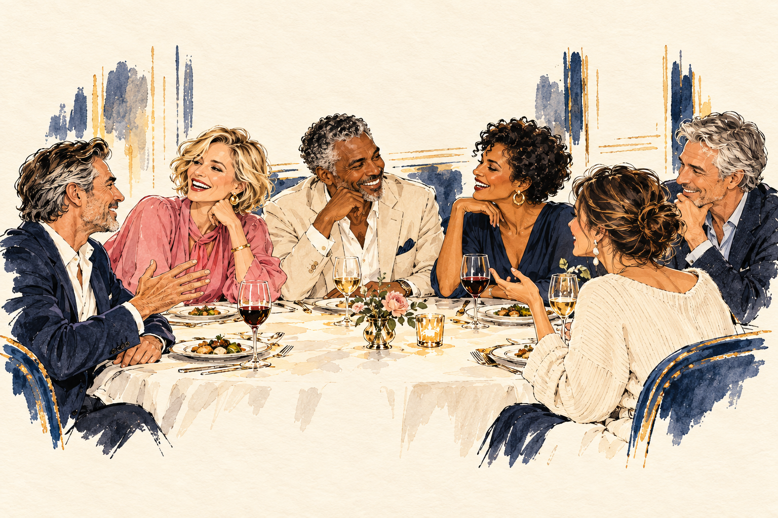 Couples gathered around an elegant Southern supper club table
